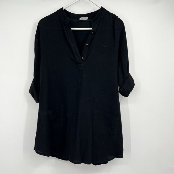 Mr Buho Womens L Flowy Black Coverup 100% Cotton Roll Tab Beach Vacation Cruise - Picture 1 of 9